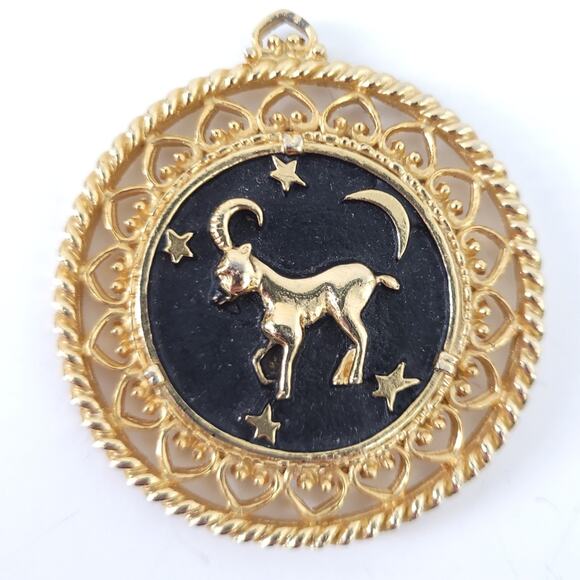 Large Aries Ram Pendant Zodiac Gold Toned, Black, Moon, Stars, Horoscope Jewelry - Picture 1 of 3